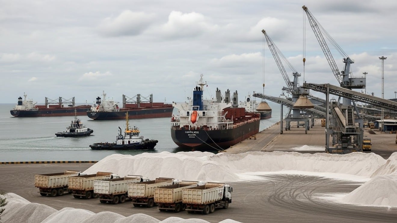 navios graneleiros alinhados no porto de Paranaguá ao amanhecer, guindastes descarregando fertilizantes a granel, caminhões aguardando carregamento, céu nublado.