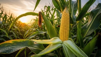 Vista aérea de lavoura de milho em desenvolvimento com colheitadeira ao fundo, simbolizando a safra de milho e o mercado em alta