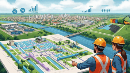 Reunião técnica sobre saneamento com técnicos e gestores analisando mapas e gráficos em painel na sede da AGEMS em Campo Grande