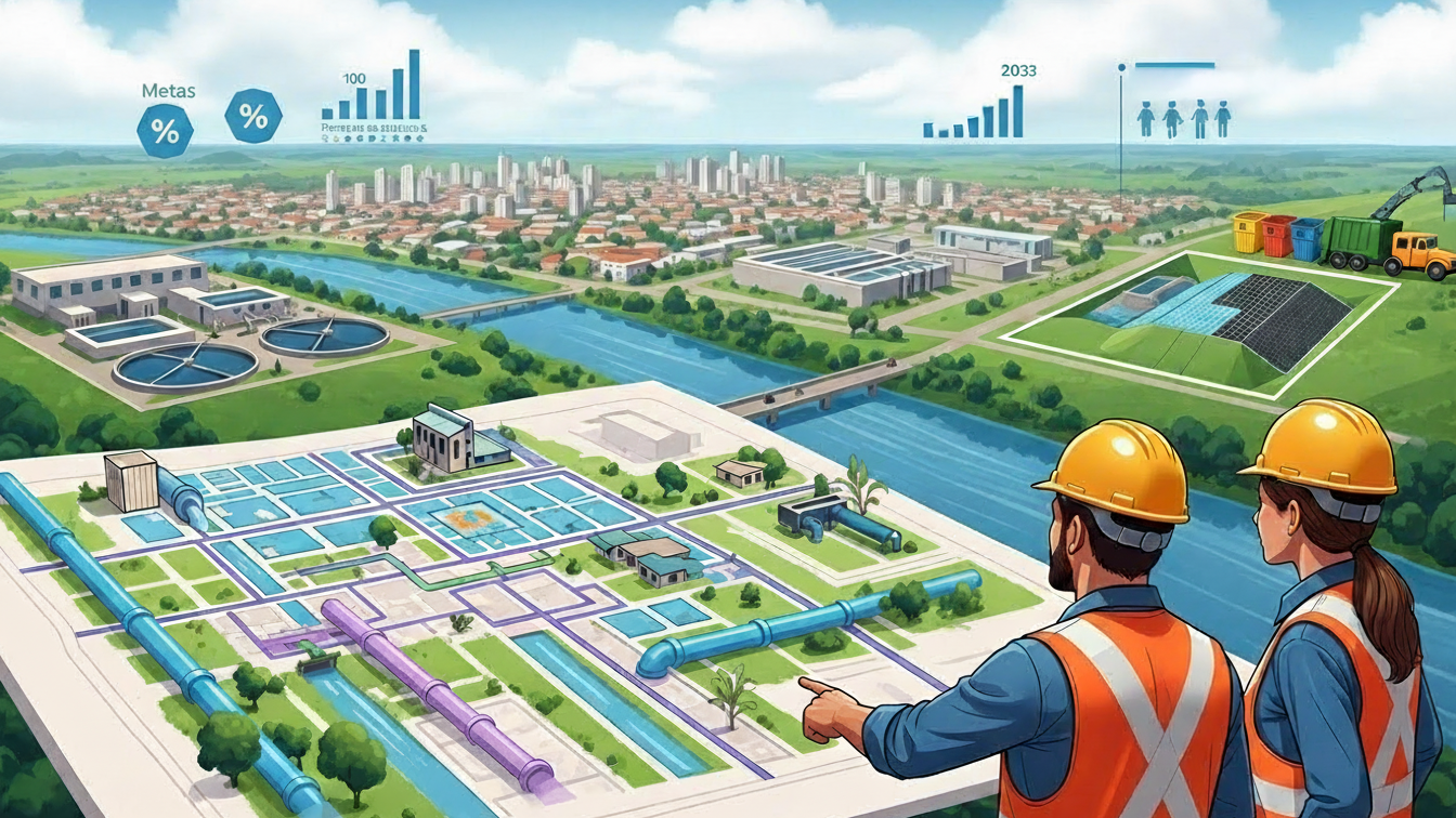 Reunião técnica sobre saneamento com técnicos e gestores analisando mapas e gráficos em painel na sede da AGEMS em Campo Grande