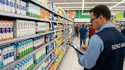 Fiscal da Sefaz-MS analisando notas e prateleira de leite longa vida em supermercado