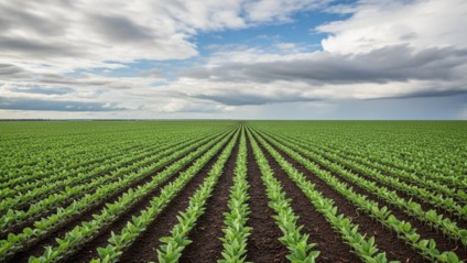 Lavoura de soja em Mato Grosso do Sul em fase inicial de desenvolvimento, com fileiras verdes alinhadas até o horizonte sob céu parcialmente nublado