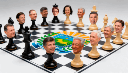 Tabuleiro de xadrez sobre mesa com papéis e anotações políticas, luz neutra, sem logotipos, estilo editorial