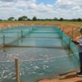 Tanques-rede com tilápia em reservatório brasileiro, trabalhadores manejando peixes em dia claro, simbolizando a força da piscicultura nacional