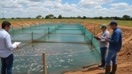 Tanques-rede com tilápia em reservatório brasileiro, trabalhadores manejando peixes em dia claro, simbolizando a força da piscicultura nacional