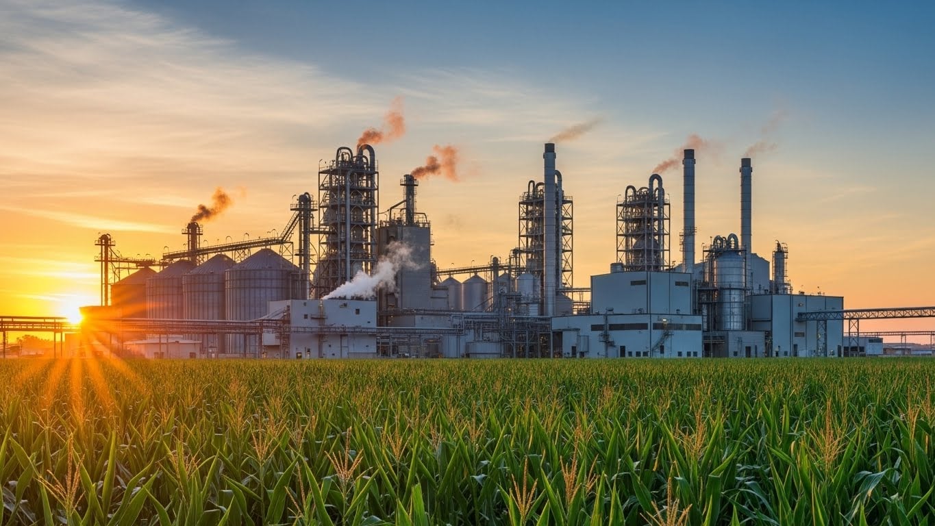 usina de etanol moderna ao lado de lavoura de milho, silos altos e vapor leve saindo das chaminés ao amanhecer