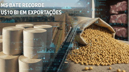 Contêineres e fardos de celulose prontos para embarque, com mapa de Mato Grosso do Sul ao fundo em estilo editorial.