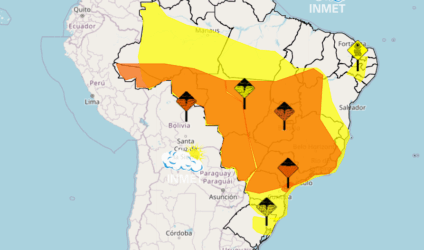 Dourados está com dois alertas de chuvas intensas com perigo potencial para chuva entre 30 e 60 milímetros por hora ou até 100 milímetros ao dia com ventos intensos de até 100 km/h). (Reprodução)