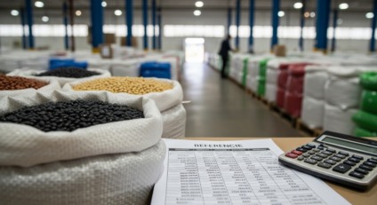 Sacas de feijão empilhadas em armazém, com planilha de preços e calculadora em primeiro plano