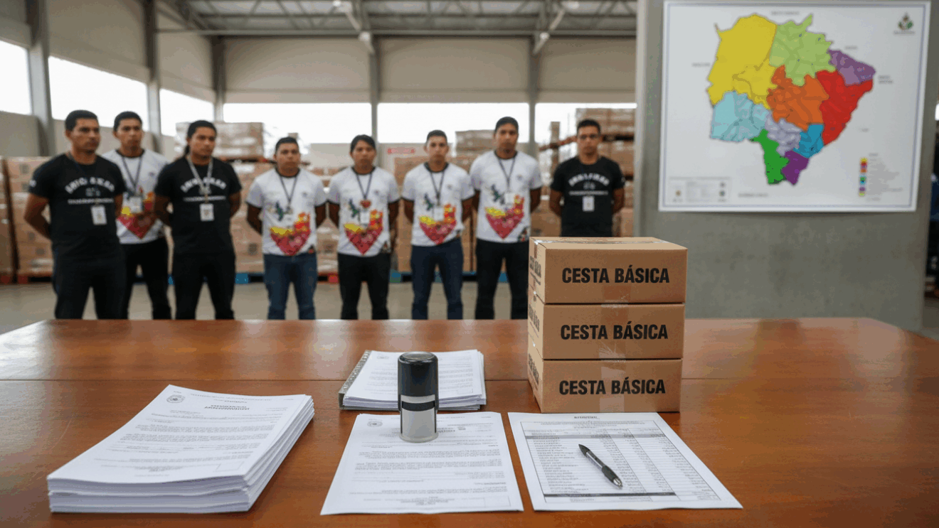 Cestas básicas empilhadas em ambiente de logística, com documentos oficiais de empenho ao lado Cestas básicas empilhadas em ambiente de logística, com documentos oficiais de empenho ao lado