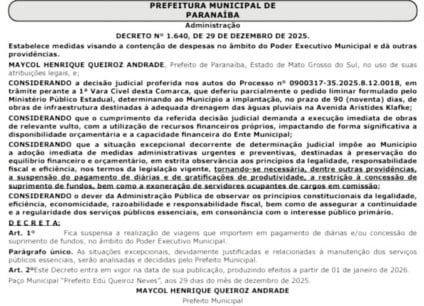 Decreto nº 1.640 foi publicado no Diário Oficial da Assomasul e prevê suspensão de diárias, gratificações e exoneração de cargos comissionados.
