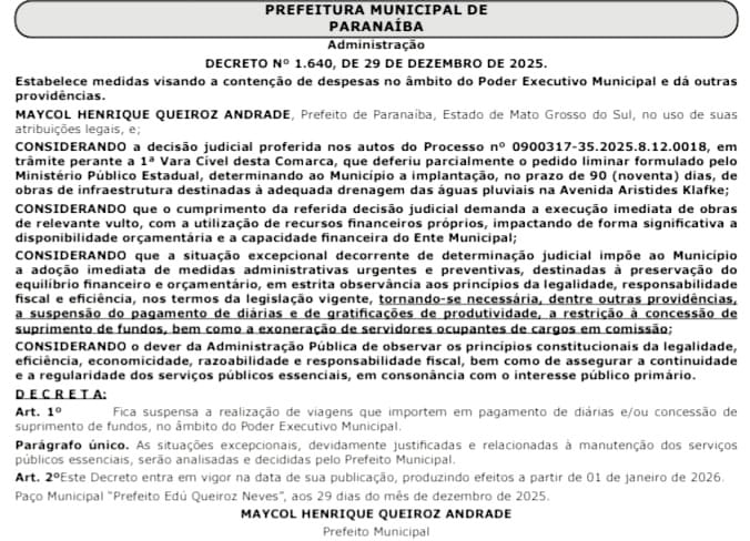 Decreto nº 1.640 foi publicado no Diário Oficial da Assomasul e prevê suspensão de diárias, gratificações e exoneração de cargos comissionados.
