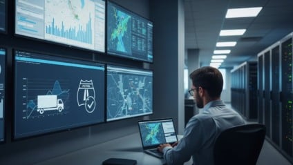 Painéis de análise de dados em sala de monitoramento com posto fiscal desfocado ao fundo