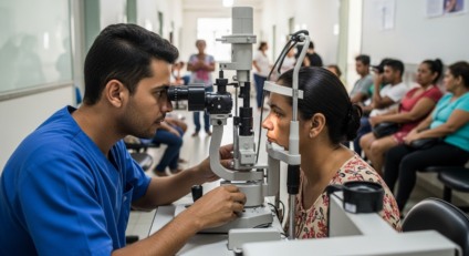 Profissional de saúde realizando exame ocular em consultório, com equipamentos oftalmológicos e prontuário ao lado