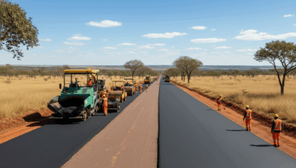 Rodovia em Mato Grosso do Sul com sinalização e documentos de licitação da Agesul sobre mesa