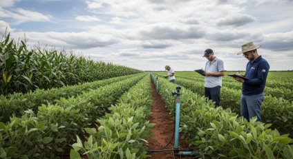 Lavoura de soja e milho em MS com pesquisadores avaliando sementes e tecnologia de irrigação