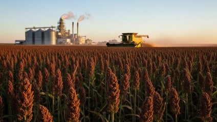Lavoura de sorgo na safrinha em MS com usina de etanol ao fundo.