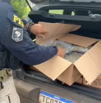 Droga, arma e munições foram apreendidas durante fiscalização da PRF na divisa entre MS e SP.

