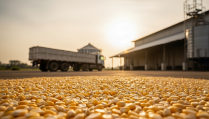 Grãos de milho em armazém e caminhão no pátio, simbolizando atualização de VRP e ICMS em Mato Grosso do Sul