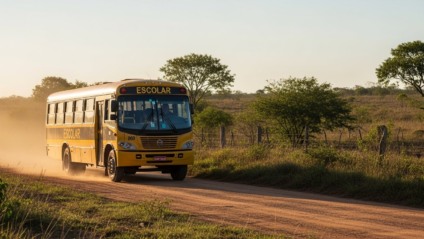 Ônibus escolar em estrada rural de MS, representando os repasses do transporte escolar para 2026