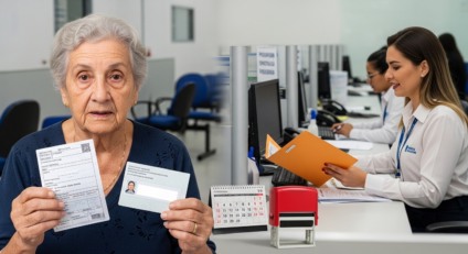 Pessoa idosa em atendimento de recadastramento previdenciário, com documento na mão, em ambiente público de Campo Grande
